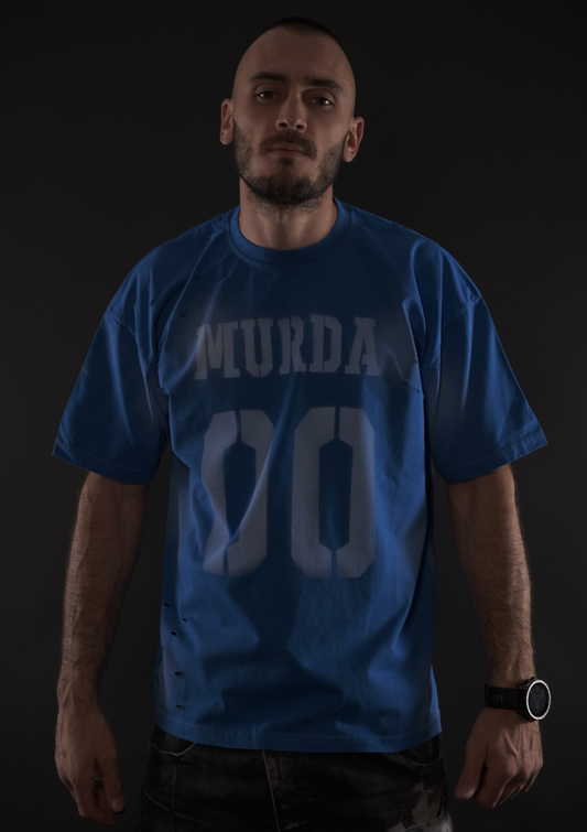 Light washed ефект върху синя тениска MurdaBoyz Code Blue Edition