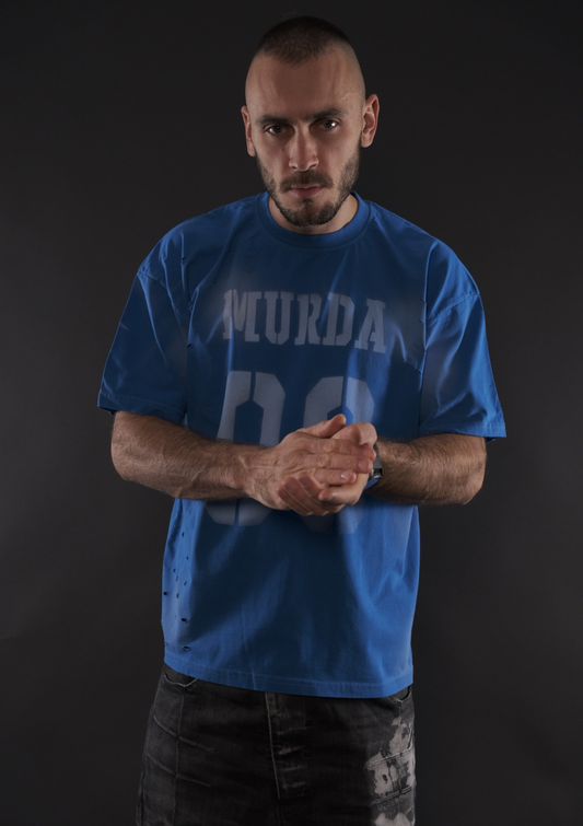 Синя oversized streetwear тениска Murda Boyz Code Blue Edition с принт MURDA 00 отпред.