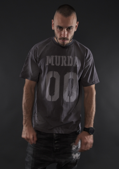 Сива oversized streetwear тениска MurdaBoyz Concrete Edition с принт MURDA 00 отпред