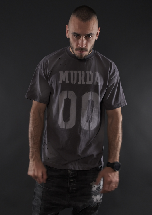 Сива oversized streetwear тениска MurdaBoyz Concrete Edition с принт MURDA 00 отпред