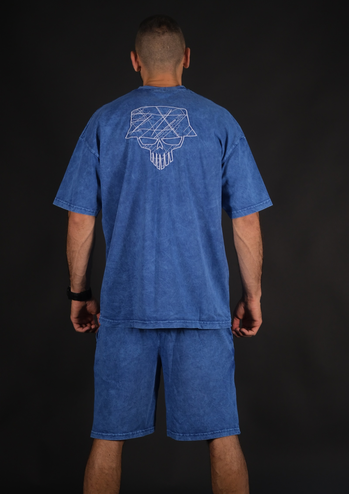 Бродерия на гърба на Murda Boyz washed тениска – син летен streetwear сет