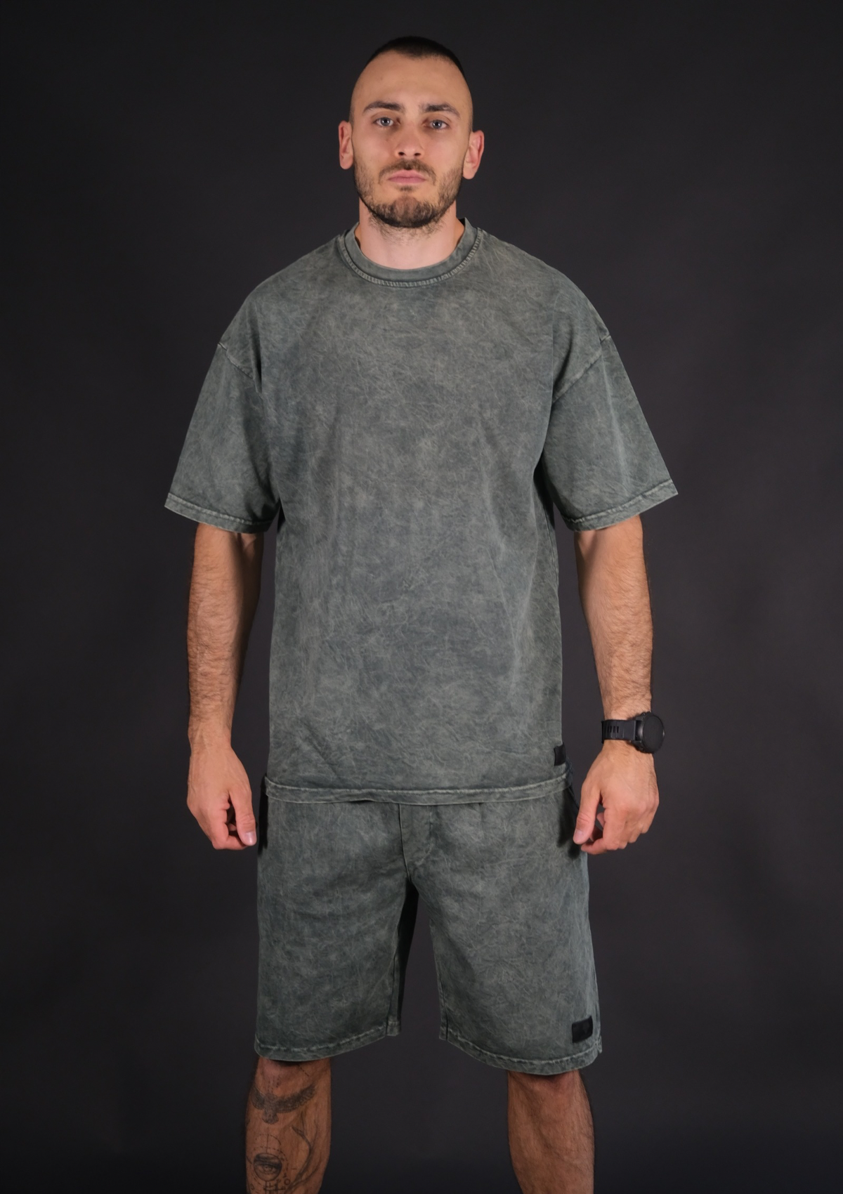 Мъжки летен streetwear комплект Murda Boyz washed ефект зелен цвят – изглед отпред